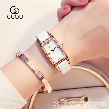 Reloj cuadrado GUOU, relojes de pulsera impermeables para mujer, relojes de cuarzo con diamantes de imitación para mujer, correa de cuero a la moda, esfera rectangular para mujer